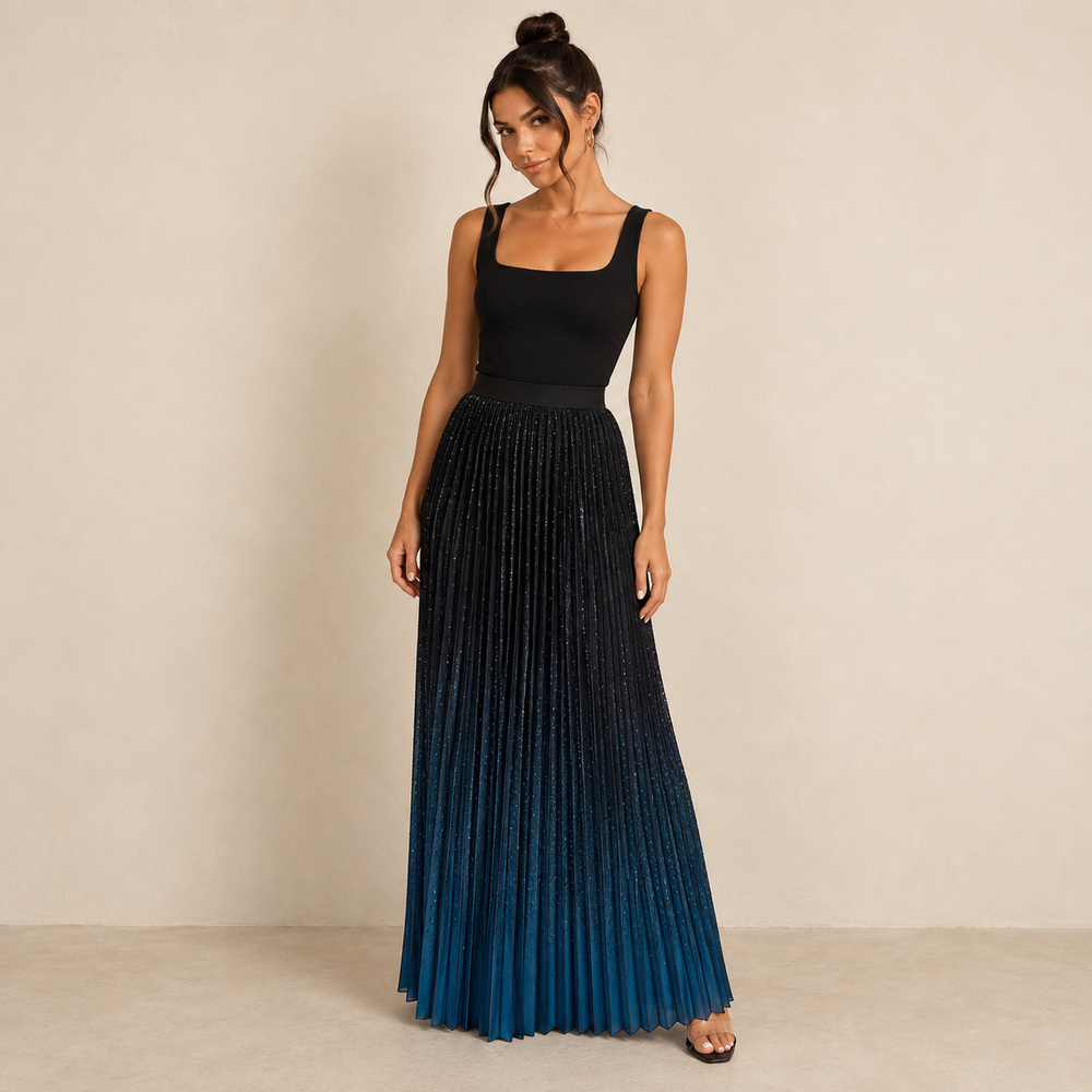 BEULAHSTYLE Black Dark Teal Blue Ombre Pleated Maxi Skirt Large NWT